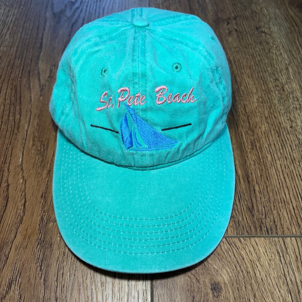 90s Kaufman St Pete Beach Florida Embroidered Sailboat Hat Teal Pink One Size